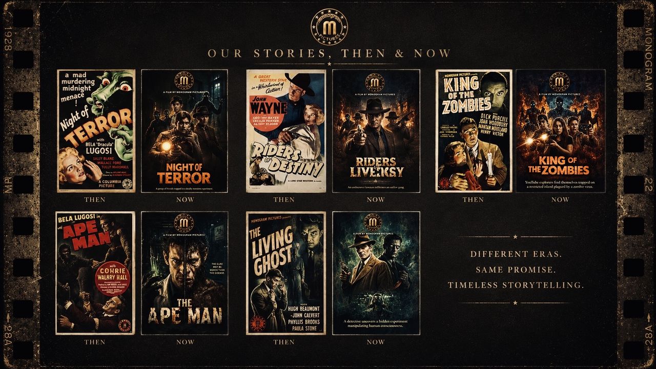 Our Stories, Then and Now: classic posters beside the new Monogram posters for the same titles